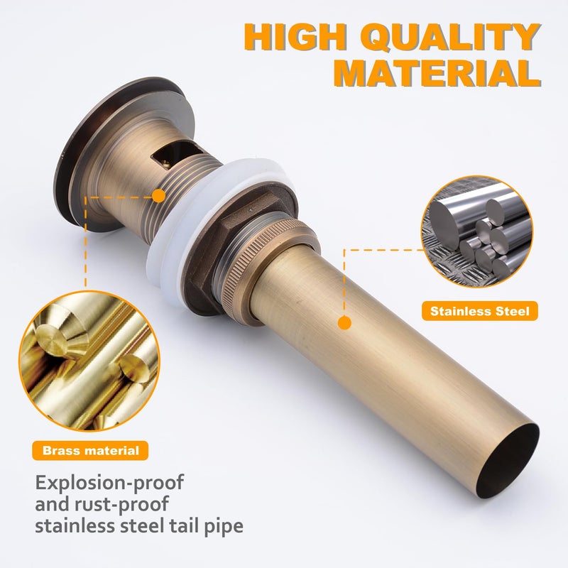 Beelee Pop Up Drain Stopper with Overflow, Beelee Bathroom Vanity Vessel Sink Drain, Antique Brass Finish - Image 2